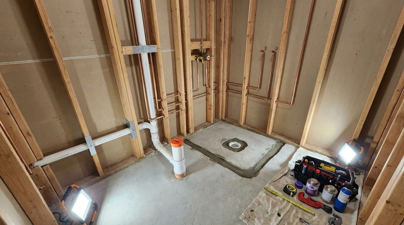 Bathroom rough-in plumbing during remodel by Johns Plumbing LLC in Poland