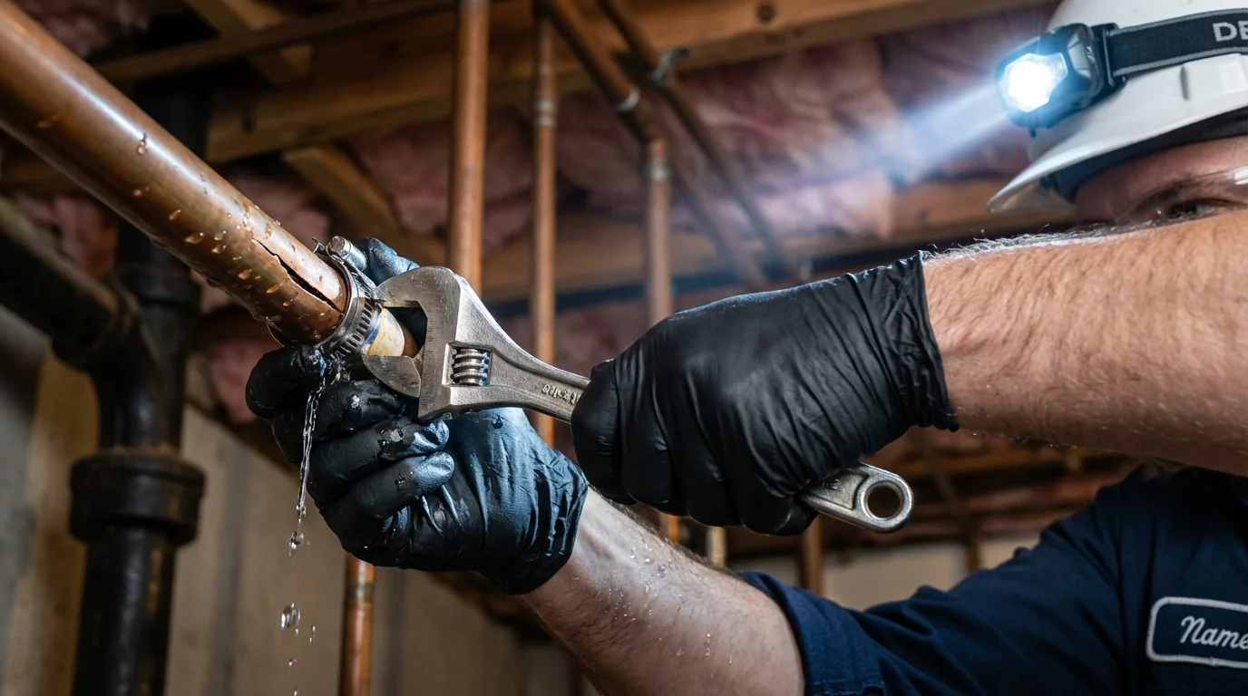Emergency pipe clamp repair being performed by a Johns Plumbing LLC plumber in Poland