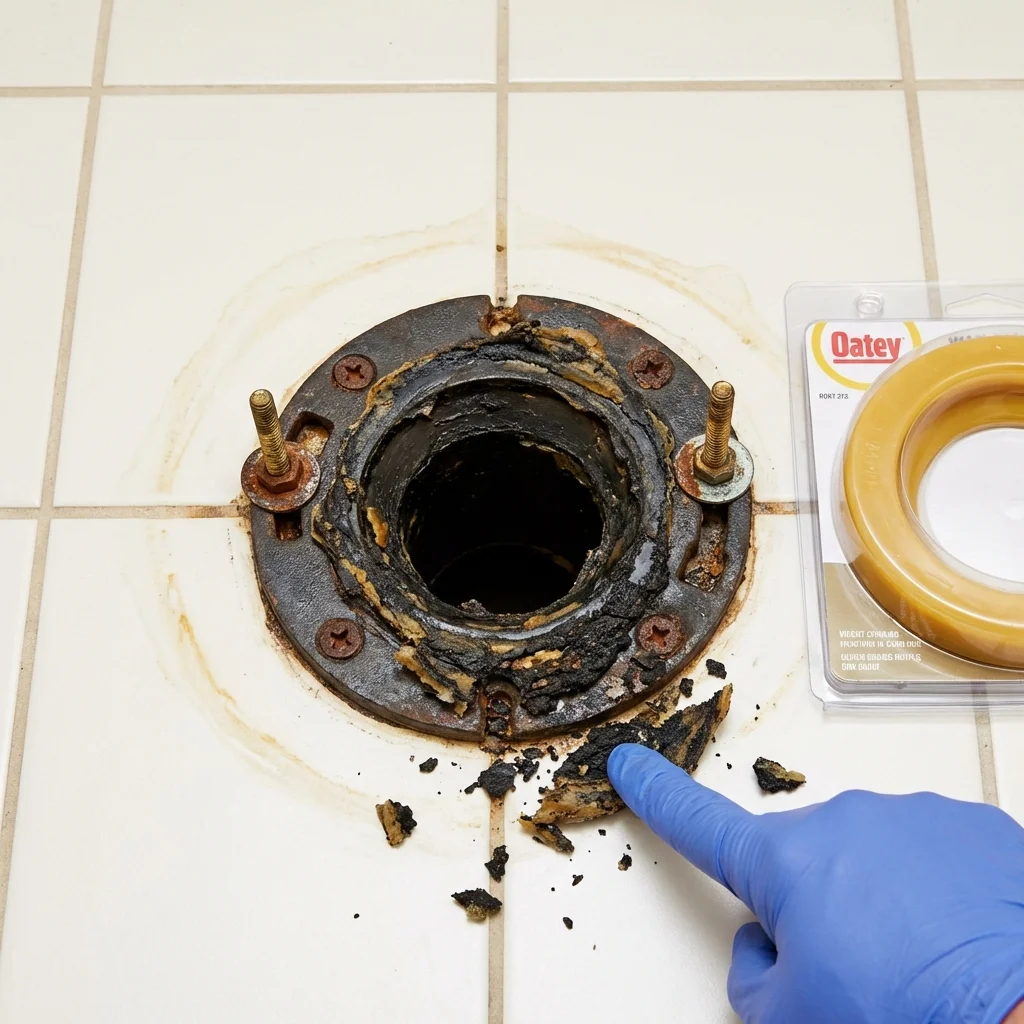 Failed wax ring showing water seepage at the base of a toilet in a Poland, ME home