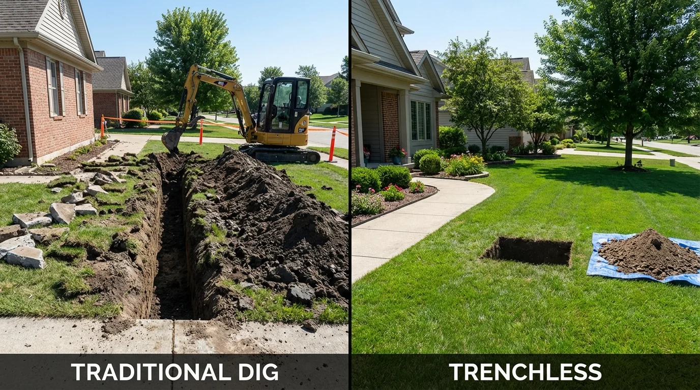 Trenchless sewer repair with minimal yard damage versus traditional excavation in Poland, ME