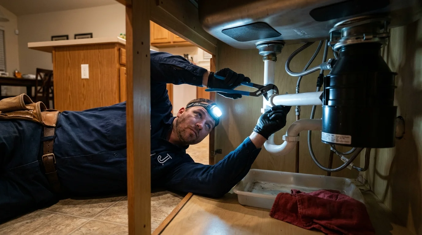 P-trap and supply line connections under a kitchen sink showing a common leak point in Poland, ME